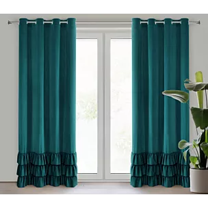 Zasłona ciemnoturkusowa z welwetu zdobiona trzema subtelnymi falbanami 140x250 cm przelotka MEGI Eurofirany