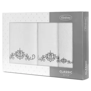 Zestaw ręczników bawełnianych 3 szt kolor biały,grafitowy z haftowanym wzorem lili wodnej 380 g/m2 LILIANA Eurofirany