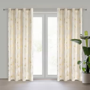 Zasłona kremowo, szampańska z nadrukiem liści, welwetowa 135x250 przelotka ARIA Eurofirany