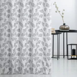 Zasłona szyta na taśmie fala biało popielata z miękkiej tkaniny z nadrukiem w botaniczny wzór