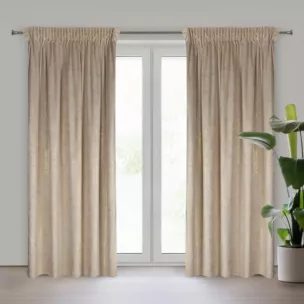 Zasłona kremowo, srebrna welwetowa z przecieranym błyszczącym nadrukiem 140x270 cm taśma - AVENA Eurofirany