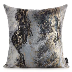 Poszewka na poduszkę 45x45 cm welwetowa zdobiona przecieranym metalicznym nadrukiem stalowa SOFI Eurofirany