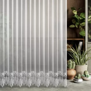 Firana szyta na taśmie 8 cm biała z matowej markizety ozdobionej aplikacją w duży fantazyjny wzór