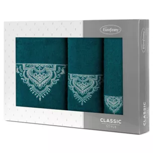 Zestaw ręczników bawełnianych 3 szt kolor ciemno turkusowy, srebrny z haftem 400 g/m2 LAURA Eurofirany
