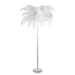Lampa stojąca do salonu srebrno, biała FERI na metalowej podstawie z efektownym abażurem z naturalnych strusich piór Eurofirany