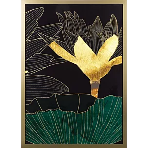 Obraz kwiatowy zielony z nadrukiem liści i kwiatów w złotej ramce 53x73 cm