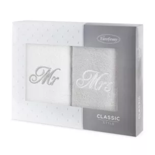 Zestaw ręczników bawełnianych 2 szt 50x90 cm z haftem MR&MRS kolor biały, popielaty 400 g/m2 Eurofirany
