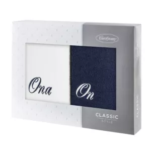 Zestaw ręczników bawełnianych 2 szt 70x140 cm z haftem ONA I ON kolor biały,granatowy 400 g/m2 Eurofirany