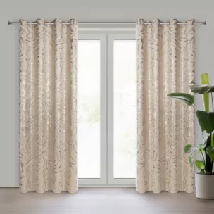 Zasłona beżowo szampańska zdobiona nadrukiem liści 140x250 cm złota przelotka - MILENA Eurofirany