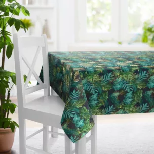 Obrus szyty czarno zielony miękka, welwetowa, z błyszczącym nadrukowanym motywem botanicznym