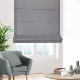 Roleta rzymska popielata z tkaniny z dodatkiem połyskującej nici, z widocznym ozdobnym splotem