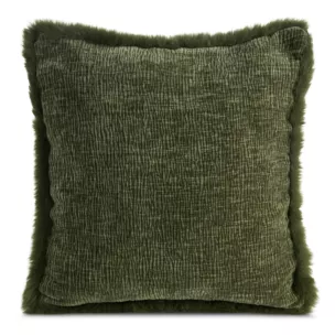 Poszewka na poduszkę 45x45 cm oliwkowa szenilowa zdobiona futerkiem na brzegach poszewki BLANCA 01 Eurofirany