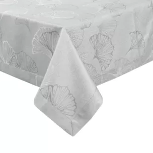 Obrus szary 140x400 cm  DIANA zdobiony żakardowym wzorem liści miłorzębu i ozdobna kantą