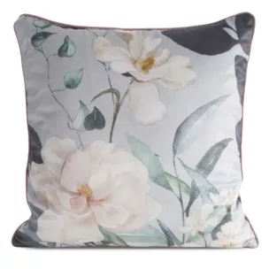 Poszewka na poduszkę 45x45 cm welwetowa srebrno, kremowa z nadrukiem kwiatów ROSITA 1 Eurofirany