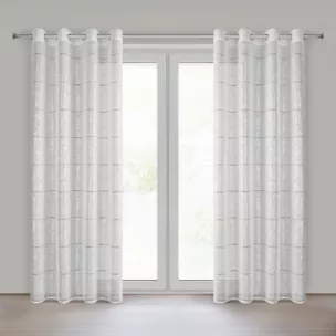 Firana biało, srebrna zdobiona ażurowymi paskami i roślinnym nadrukiem 140x250 cm przelotka - KATY - Eurofirany