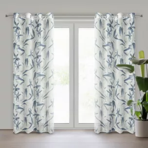 Zasłona naturalno, jasnoniebieska zdobiona nadrukiem kwiatów z etaminy 140x250 cm przelotka PATI Eurofirany