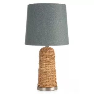 Lampa stołowa do kuchni szaro, jasnobrązowa ARLO w stylu boho z plecionej podstawy i matowego abażuru Eurofirany
