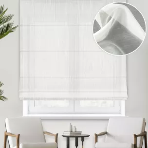 Roleta rzymska kremowa z miękkiej półprzezroczystej tkaniny z efektem deszczyku, wykończona obciążnikiem