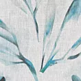 Roleta rzymska DARREN kremowo turkusowa z półprzezroczystej tkaniny o luźnym splocie drukowanej w roślinny wzór