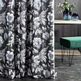 Zasłona szyta na taśmie fala MISHA grafitowo biała z miękkiej tkaniny typu blackout drukowanej w nowoczesny kwiatowy wzór