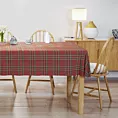 Obrus szyty czerwony z tkaniny gobelinowej o wzorze w kratę