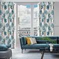 Zasłona z błyszczącym motywem egzotycznych liści podkreślona złocistym nadrukiem 140x250 cm przelotka KERI Eurofirany