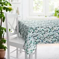 Obrus szyty niebiesko zielony z tkaniny o naturalnym splocie z drukowanym wzorem liści