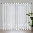 Firana biała z gładkiej tkaniny zdobiona pasem haftowanych kwiatów i perełek 350x250 cm przelotka JULIA EVA MINGE Eurofirany
