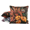 Poszewka na poduszkę 45x45 cm welwetowa zdobiona nadrukiem liści i elegancką lamówką na brzegach czarno, pomrańczowa VELVET 104 Eurofirany