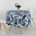 Obrus szyty MARINA biało granatowy z miękkiej tkaniny typu blackout drukowanej w egzotyczne liście