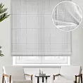 Roleta rzymska biała z matowej etaminy w pionowe pasy, wykończona obciążnikiem w stylu eko