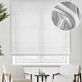 Roleta rzymska biała z miękkiej w dotyku tkaniny z efektem deszczyku, wykończona obciążnikiem