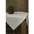 Bieżnik na stół kremowy 85x85 cm LILIAN z delikatnym wzorem liści z tkaniny przeplatanej złotą nicią z elegancką podwójną listwą