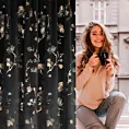 Zasłona czarno, szampańska z błyszczącym nadrukiem kwiatu jabłoni, welwetowa 140x270 cm taśma SELENA Eurofirany
