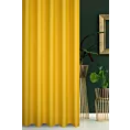 Zasłona szyta na przelotkach żółta z gładkiej tkaniny zaciemniającej typu dimout wykończona obciążnikiem