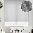 Roleta rzymska jasnoszara z tkaniny w pionowe, cienkie pasy, wykończona obciążnikiem