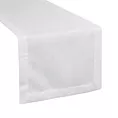 Bieżnik na stół biały 40x140 cm o płóciennym splocie BIANCA 1 z dodatkiem błyszczącej nici wykończony podwójną listwą na brzegach