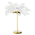 Lampa stołowa do salonu biało, złota FERI na metalowej podstawie z niezwykle efektownym abażurem z naturalnych strusich piór Eurofirany