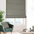 Roleta rzymska jasnoszara z gładkiej tkaniny zaciemniającej typu dimout wykończona obciążnikiem