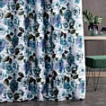 Zasłona szyta na flexach ESHTER biało turkusowa z miękkiej tkaniny typu blackout drukowanej w malarski kwiatowy wzór