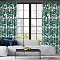 Zasłona biało, zielona z błyszczącym wzorem egzotycznych liści z welwetu 140x270 cm taśma DAVOS  Eurofirany