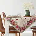 Obrus naturalno, różowy 100x100 cm gobelinowy zdobiony motywem kwiatów