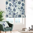 Roleta rzymska kremowo granatowa z miękkiej tkaniny o naturalnym splocie z kwiatowym wzorem