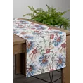 Bieżnik na stół biało, niebieski 40x180 cm z tkaniny strukturalnej FLORE 7 z nadrukiem barwnych kwiatów
