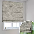 Roleta rzymska szarobeżowa z tkaniny w stylu eko o naturalnym splocie, z efektem melanżu, wykończona obciążnikiem