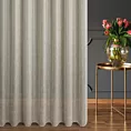 Firana szyta na taśmie 8 cm beżowa z etaminy przeplatanej delikatnie połyskującą nicią tworzącą pionowe, nieregularne paseczki