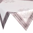 Obrus na stół beżowo, biały 85x85 cm welwetowy HOLLY z motywem świątecznymi i ozdobną kantą w kratę