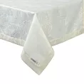 Obrus kremowy 145x400 cm LILIAN z delikatnym wzorem liści z tkaniny przeplatanej złotą nicią z elegancką podwójną listwą