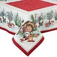 Obrus czerwono, naturalny 100x100 cm gobelinowy z motywem mikołaja w zimowej scenerii