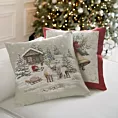 Poszewka na poduszkę 45x45 cm bawełniana, gobelinowa z mieszanki włókien zdobiona motywem zimowej wioski naturalno, beżowa GOB Eurofirany